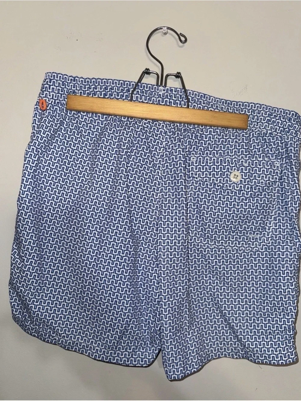 J. Crew Blue Geo Swim Trunks with Orange Drawstring